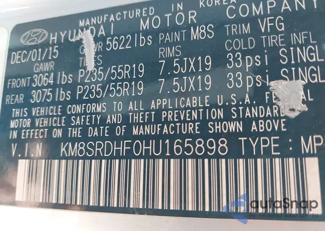 2017 Hyundai Santa Fe Se Ultimate from USA, damaged, VIN KM8SRDHF0HU165898